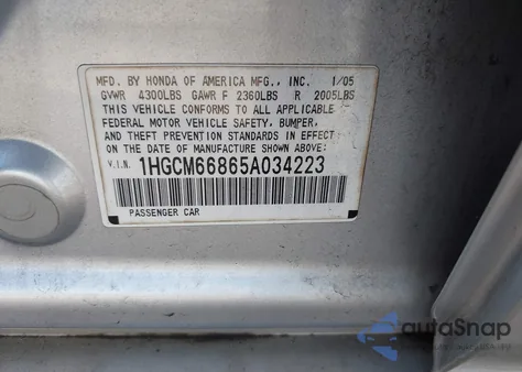 2005 Honda Accord 3.0 Ex from USA, damaged, VIN 1HGCM66865A034223